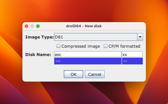 The New Disk dialog, with the D81 type selected and a disk name and ID entered.
