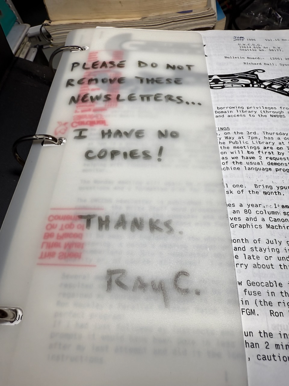 'Please do not remove these newsletters... I have no copies! Thanks. Ray C.'