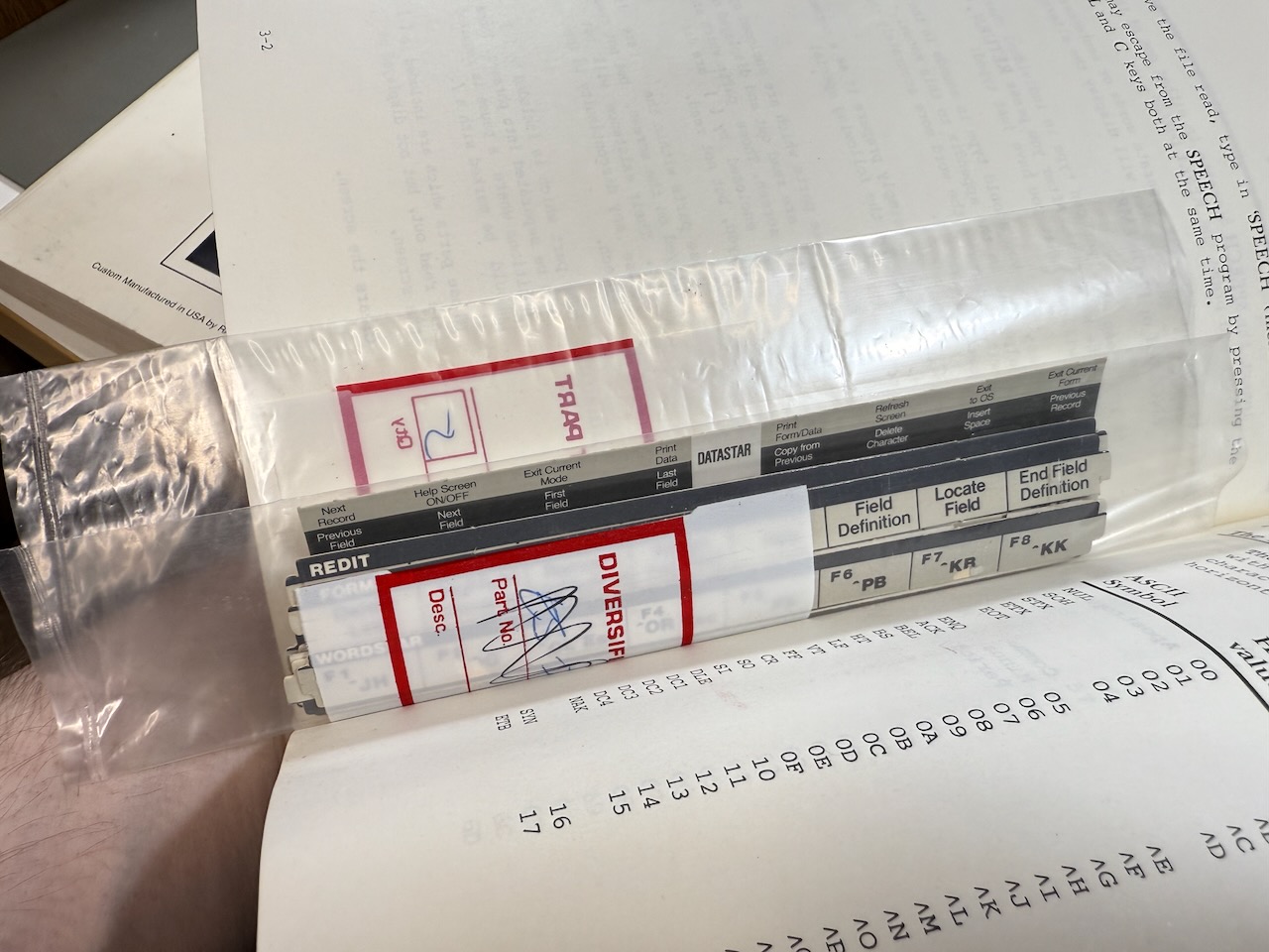 Kaypro Datastar keyboard overlays, tucked into a book