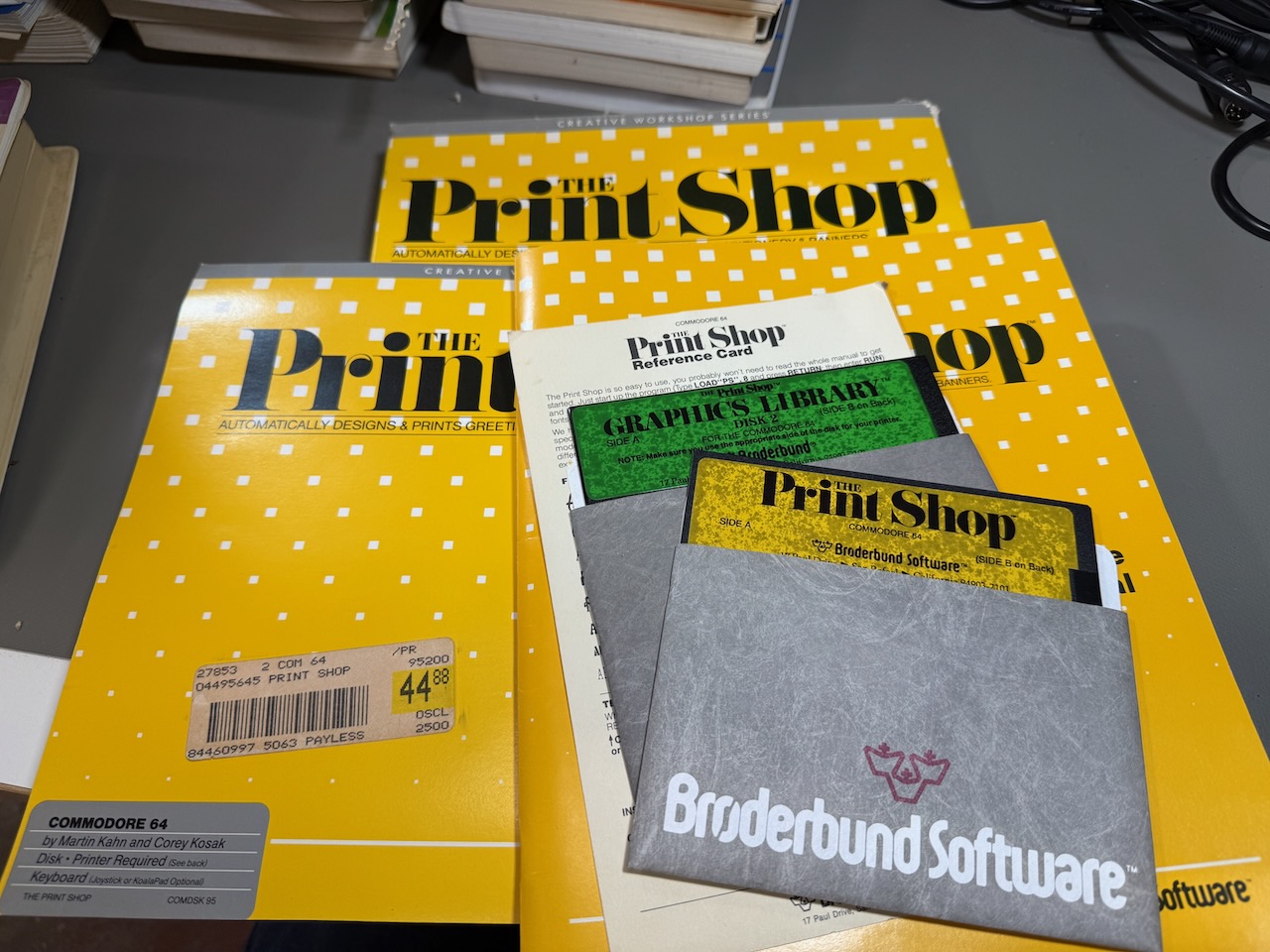 The Print Shop for the C64, box, disks, and some documentation; not including the colored tractor paper