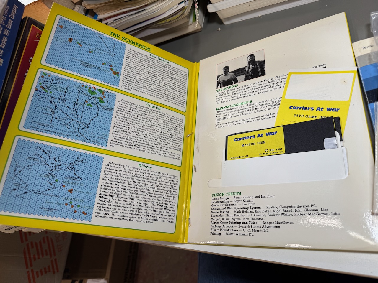 Close-up of Carriers at War for the C64, with original disks
