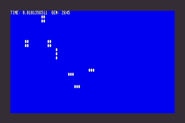 The assembly language version of Game of Life, having run the R Pentomino for a few seconds