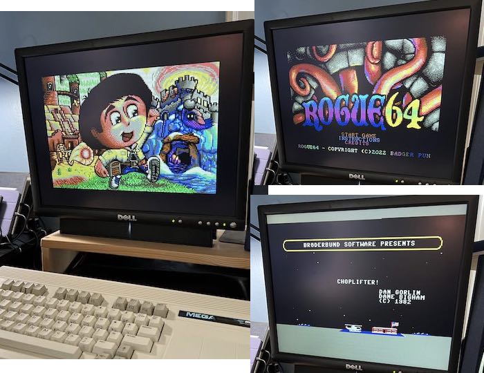 Commodore 64 games running on the C64-for-MEGA65 core: Sam&#39;s Journey (left), Rogue 64 (top right), Choplifter (bottom right)