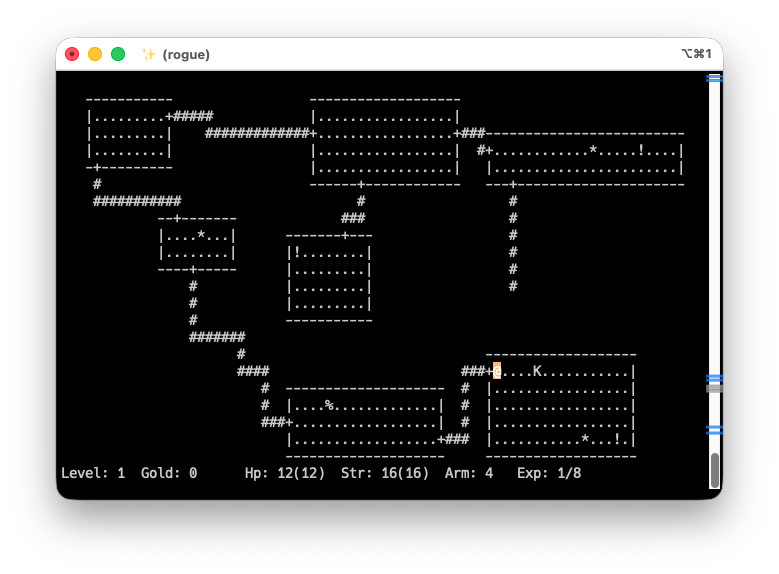 The original Rogue game, running on a modern PC in a terminal window
