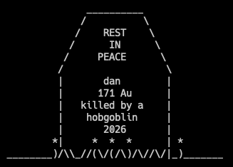 How most games of Rogue end: a tombstone with your name on it