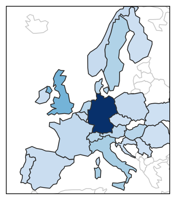 Heat map of survey respondents by country in Europe