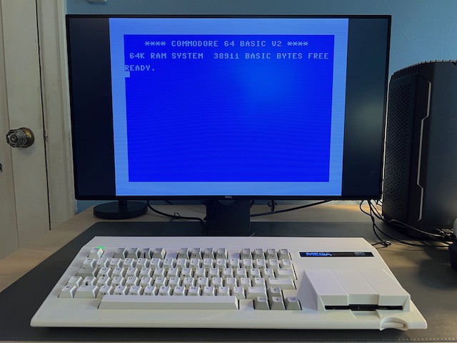 MEGA65 connected to a Dell UltraSharp 27 set to 4:3 aspect ratio, showing C64 mode