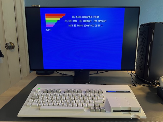 MEGA65 connected to a Dell UltraSharp 27 set to 4:3 aspect ratio, showing BASIC